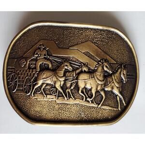 Vintage Brass Stagecoach Horse-Drawn Carriage Belt Buckle Gulf Advertising